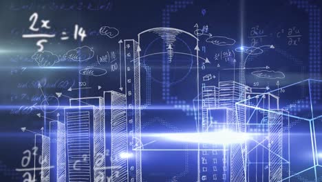 mathematical equations floating against spots of light and cityscape sketch on blue background