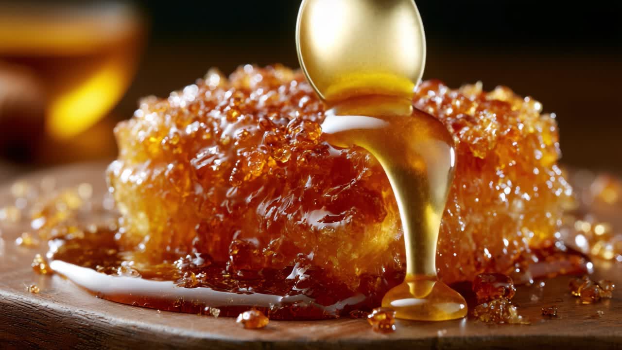 Primo piano visivamente accattivante di miele dorato che cola da un favo appiccicoso su una superficie di legno, che mostra la dolcezza naturale e la ricca consistenza.