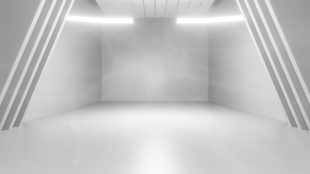 Corridoio bianco vuoto futuristico con luce intensa ed effetto fumo.