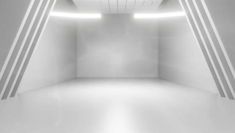 futuristic empty white corridor with bright light with smoke effect