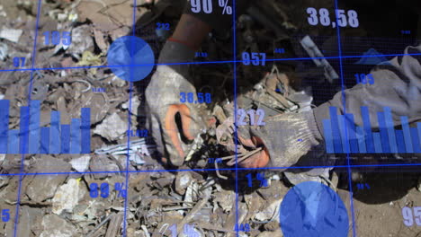 animation of statistical data processing against mid section of male worker working at junkyard