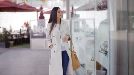 Smiling-stylish-woman-walking-past-a-shop