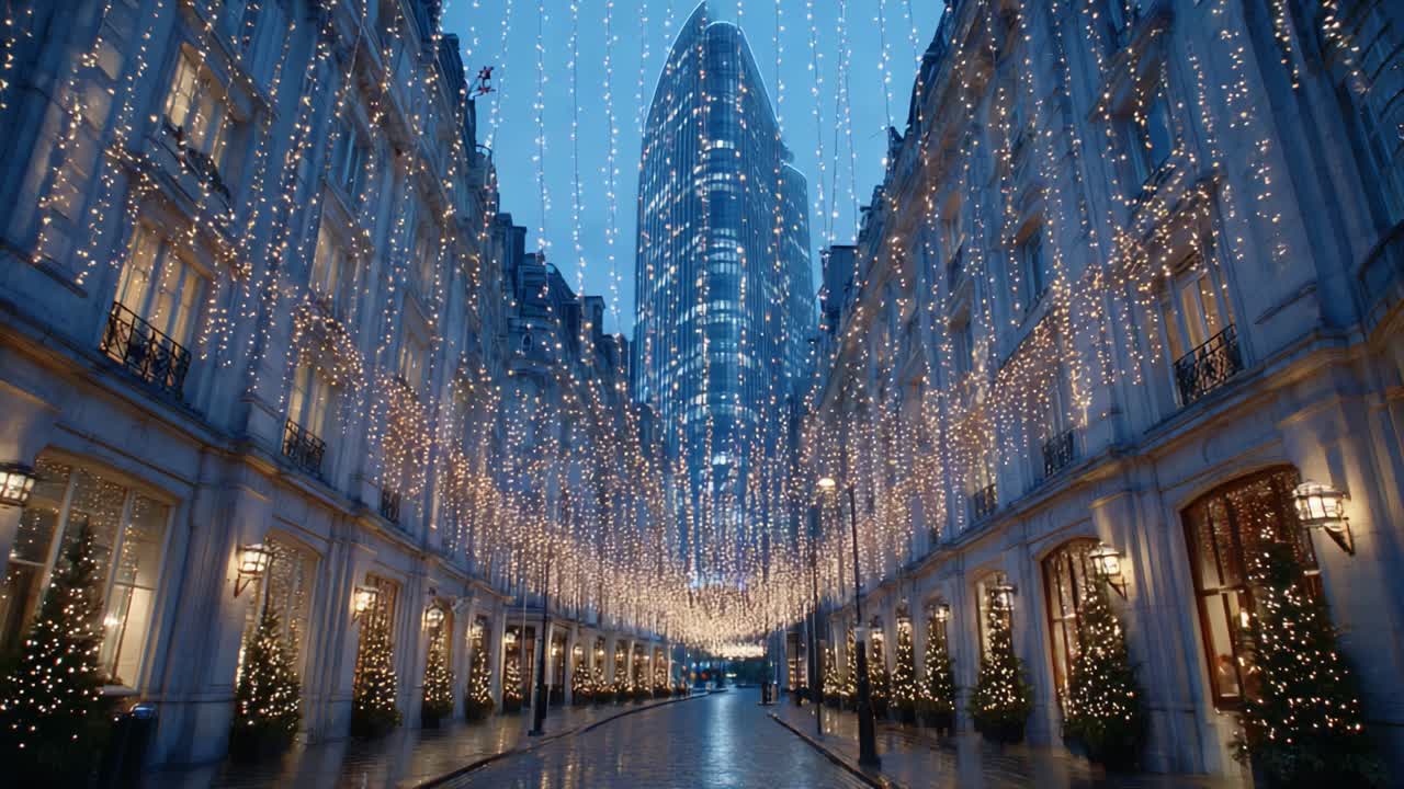A Captivating Evening Scene of Festive Lights Adorning a Beautiful Boulevard, Showcasing a Stunning Contrast Between Historic Architecture and Modern Skyscraper