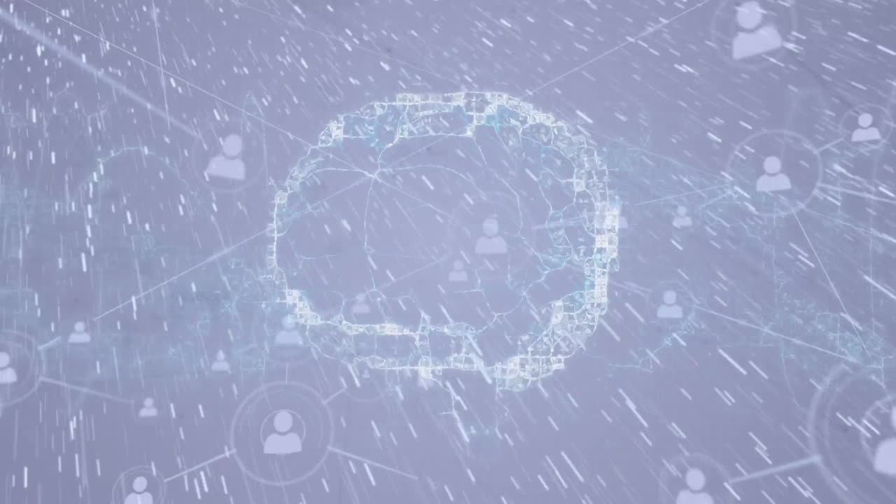 회색 배경에 비가 내리는 연결 네트워크를 통해 디지털 뇌의 애니메이션
