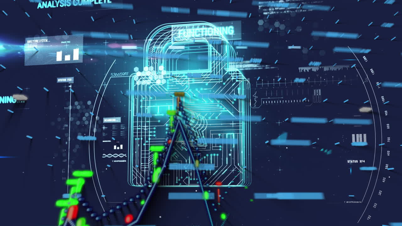 Animation of padlock and digital data processing over dark background