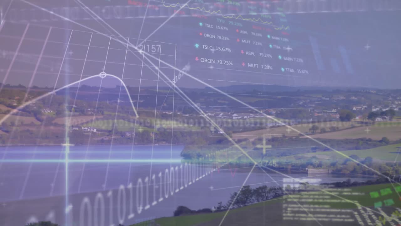 animación del procesamiento de datos de codificación binaria sobre el paisaje