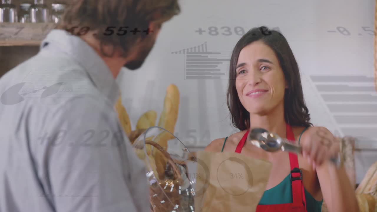 animación del procesamiento de datos financieros sobre el hombre caucásico comprando en la tienda de comestibles