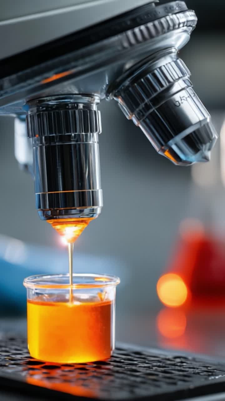 Osservazione di reazioni chimiche al microscopio: la trasformazione di campioni liquidi da giallo brillante ad arancione intenso.