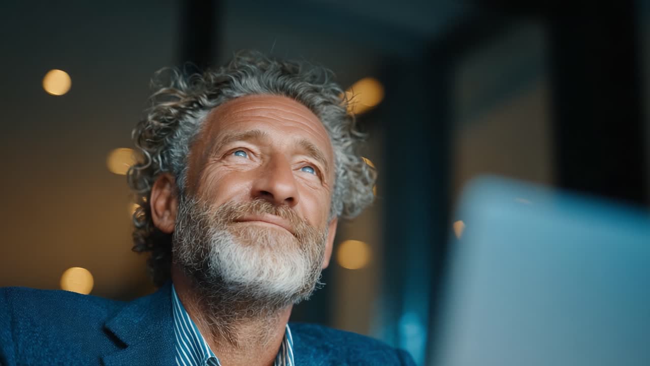 A Reflective Moment: A Thoughtful Man Gazes into the Future with Hope and Ambition in a Bright, Modern Workspace Landscape