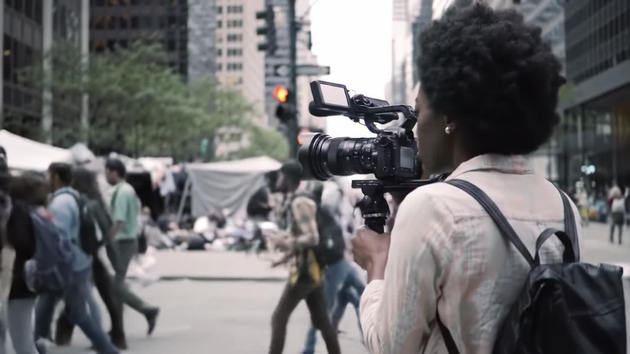 Documenting Urban Life: A Videographer Captures the Vibrant Energy of a Busy City Street and the Diverse Crowd Navigating Through the Scene