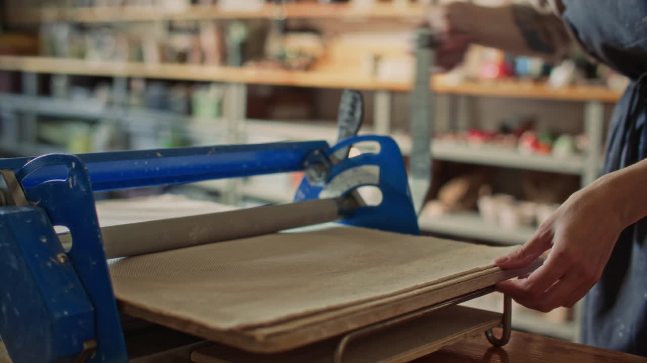 Female Potter Pressing Clay Disc with Slab Roller in Ceramic Workshop