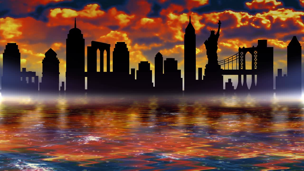 Panorama of the sights of New York. The outlines of buildings are reflected in the water.