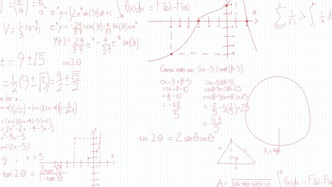animation of mathematical equations, diagrams and formulas against sqaured lined white background