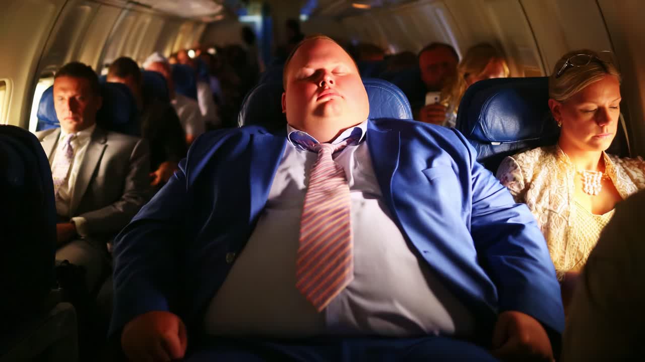 A Peaceful Traveler: A Man in a Blue Suit Snoozing Comfortably on an Airplane with Other Passengers Surrounded in a Calm Atmosphere during a Flight