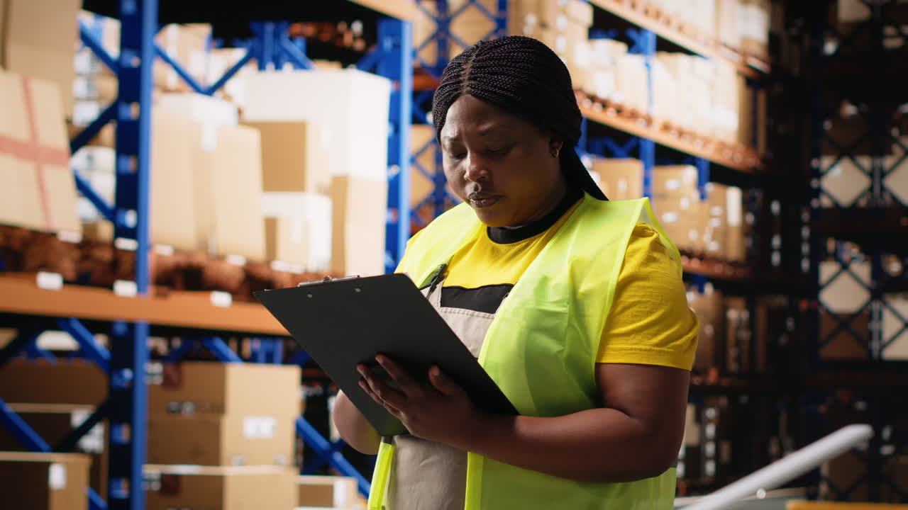 Vertical Video Black female worker verifying awb labels on files for inventory control,