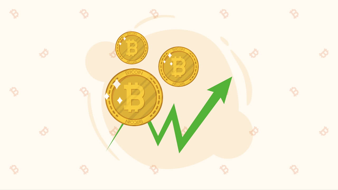 bitcoins dorados con animación de estadísticas de flecha