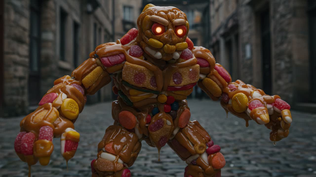 A Candy Creature Awakens: Exploring the Mystical World of a Candy Monster with Glowing Red Eyes on a Cobblestone Street