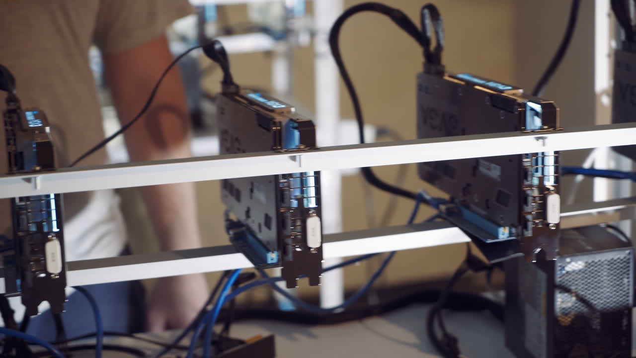 Bitcoin mining farm. Man checks the temperature of the graphics cards on the computer.