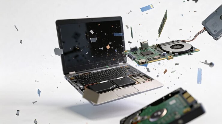Animation beginnt: Silberne Laptop-Teile schweben aus einem weißen Gehäuse heraus und enthüllen Festplatten (HDDs).
