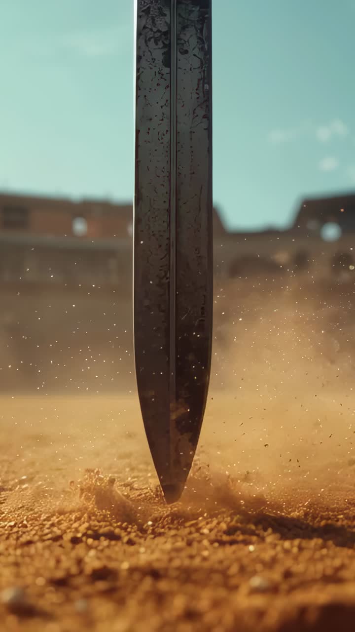 Vertical video: Hand driving tall double-edged metal blade into sandy arena floor, dust erupting