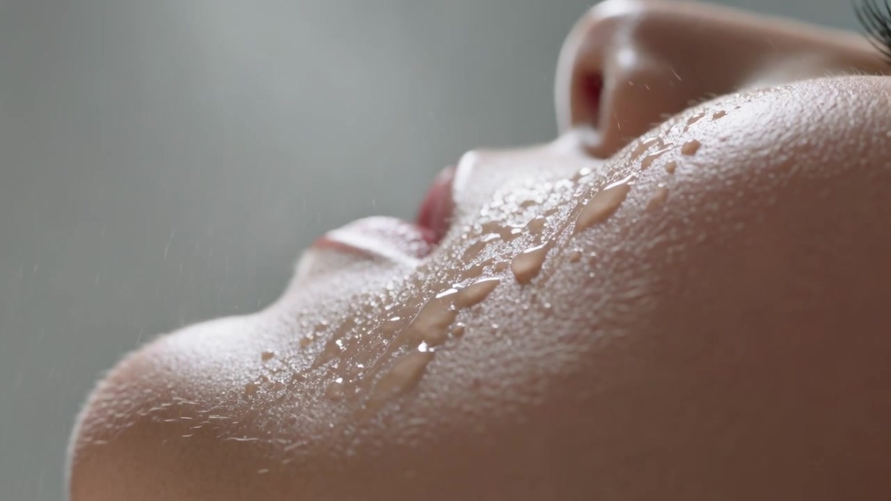 Rociado del rostro de una mujer adulta desde arriba en un estudio, formando gotas que se unen y se deslizan por la mejilla.