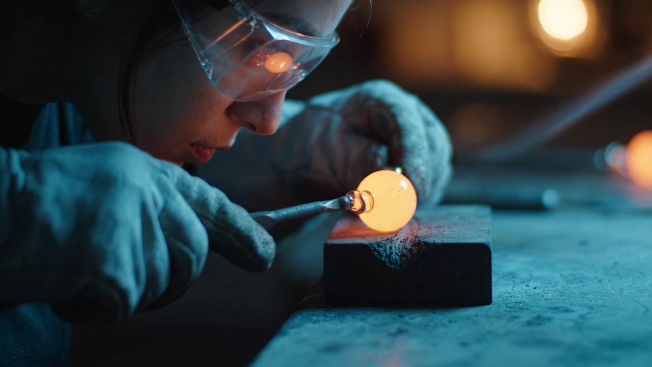 Un artigiano esperto modella meticolosamente vetro incandescente in una delicata sfera, mettendo in mostra l'arte e la precisione della soffiatura del vetro in un affascinante processo creativo.