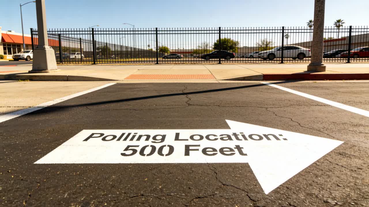 Showing arrow reading Polling Location 500 Feet pointing right on asphalt, pedestrian legs crossing