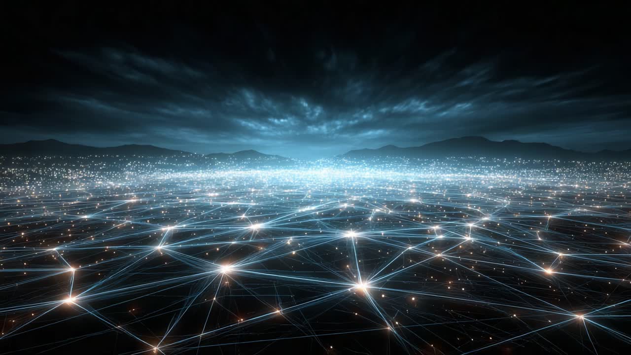 A Hyperconnected Future: An Ambitious Visualization of an Expansive Network of Light and Data, Depicting the Interconnectedness of Digital Communication and Technology Over a Mysterious Landscape