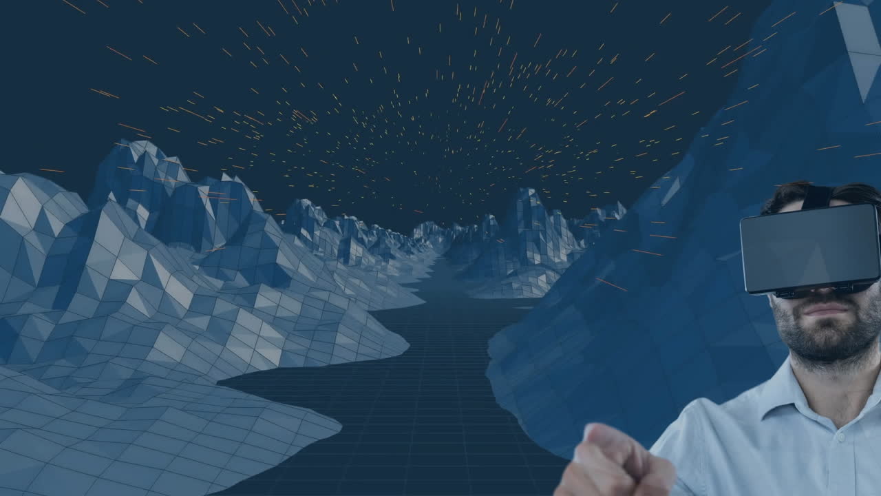 백인 남자가 회색 배경에 3d 산 구조물에 대해 vr 헤드 ⁇ 을 착용하고 있습니다.