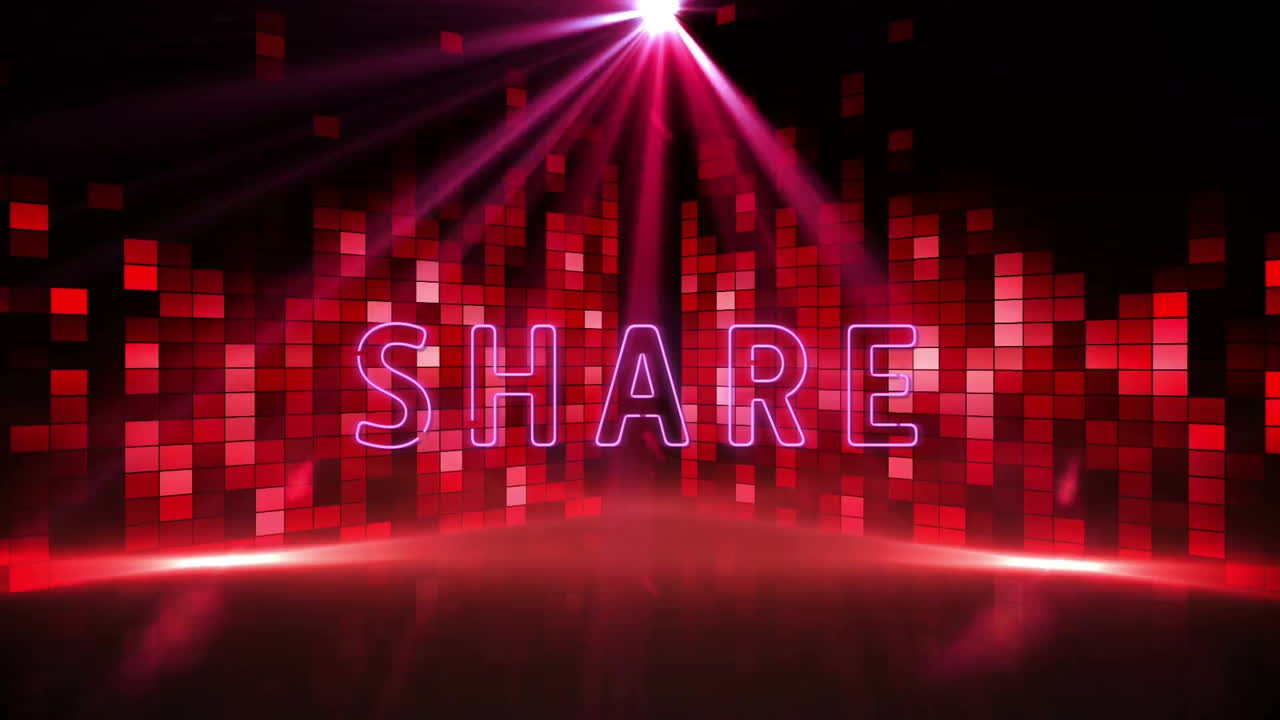 Glowing neon SHARE text with red digital squares and light beams animation