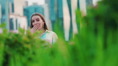 unique perspective girl in shock covering mouth by hand