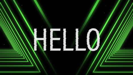 animation of hello text in white over moving green neon right angle lines on black background