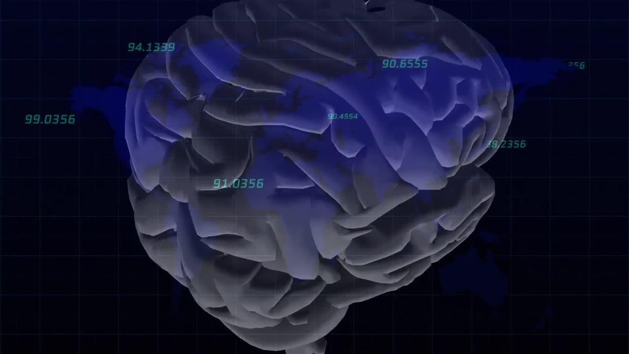 숫자의 애니메이션과 검은 바탕에 회전하는 뇌