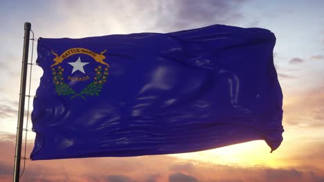 flag of nevada waving in the wind against deep beautiful sky at sunset