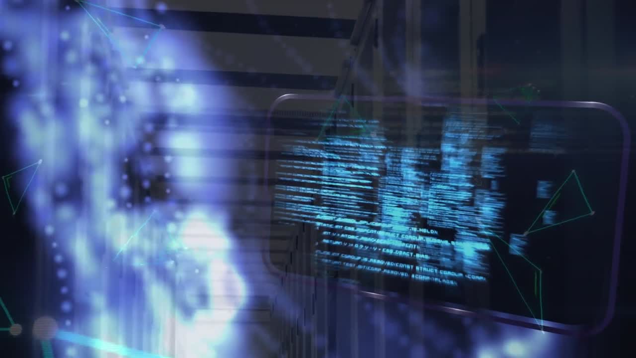 Animation of data processing and blue lights over servers