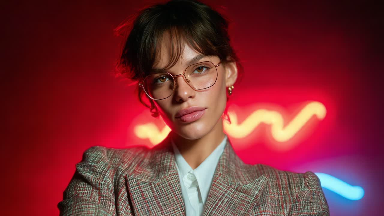 A Confident Fashion Portrait Featuring a Stylish Individual with a Chic Blazer and Glasses Against a Vibrant Neon Backdrop Radiating Modern Elegance