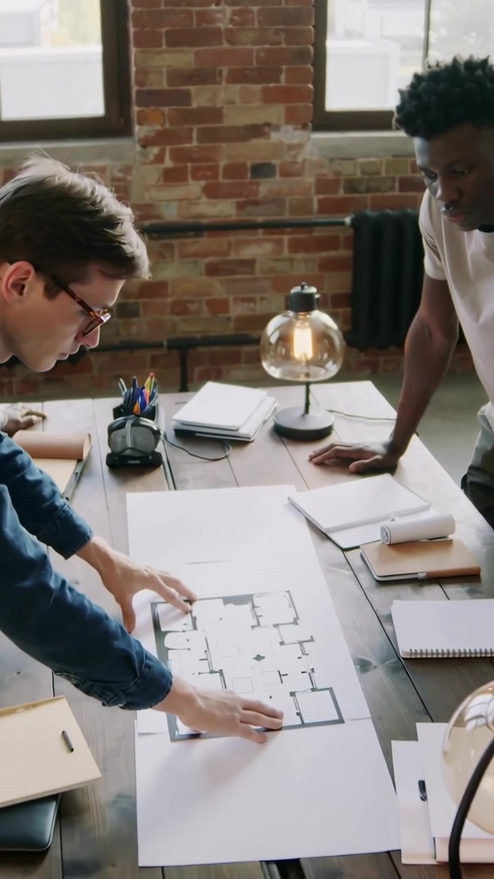 Vertical video: Leaning two men in blue shirt and white tee aligning plan for layout on loft table