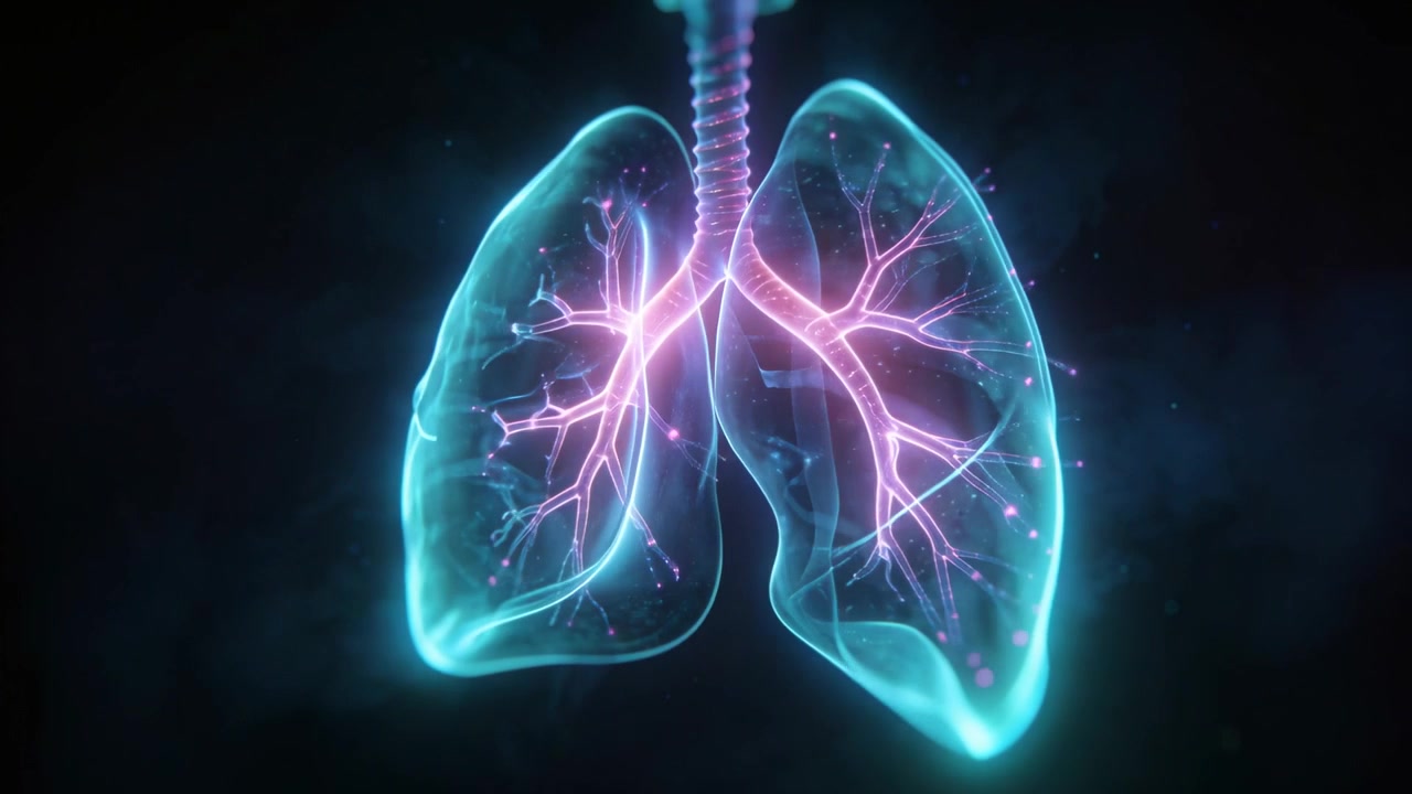 Se inicia la reproducción en el estudio, mostrando pulmones 3D pulsando mientras partículas se mueven por las vías respiratorias, simulando el flujo de aire.