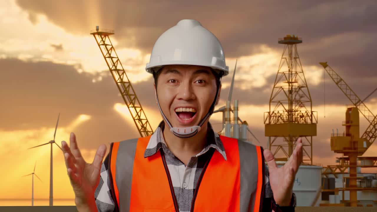 엔지니어가 석유 굴착장과 풍력 발전소의 해가 지는 것에 대한 놀라움에 반응합니다.