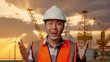 ingeniero reacciona a una sorpresa en una plataforma petrolera y el atardecer de la granja eólica
