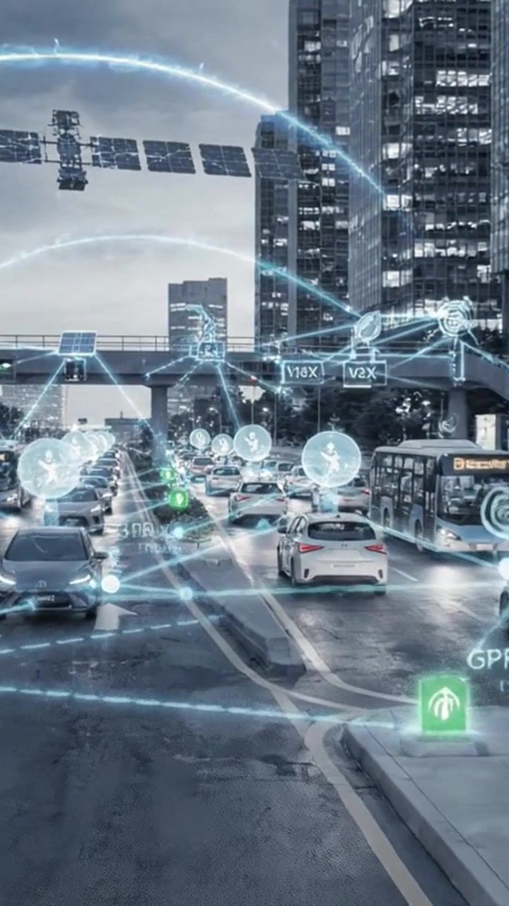 Ambiente urbano futuristico che mostra veicoli elettrici e sistemi intelligenti di gestione del traffico in un paesaggio urbano moderno di notte