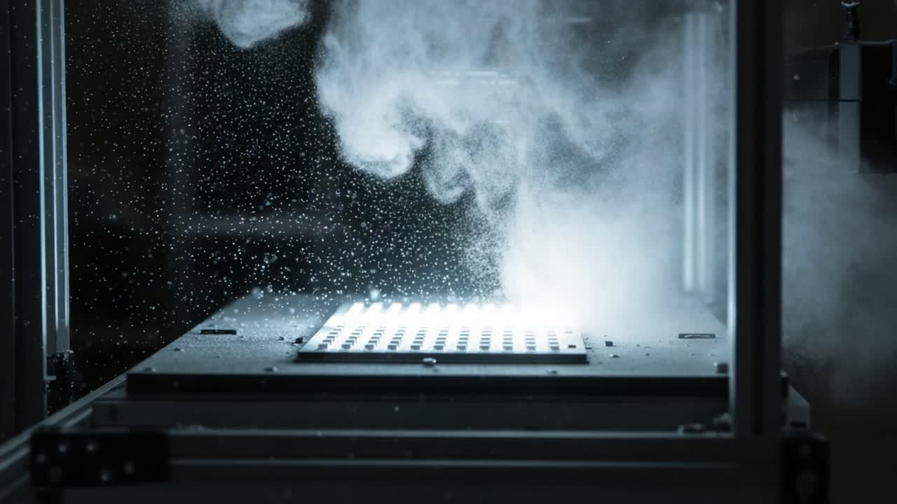 A mesmerizing display of fine mist and illuminated particles emerging from a machine, capturing the essence of innovation and technological artistry in motion