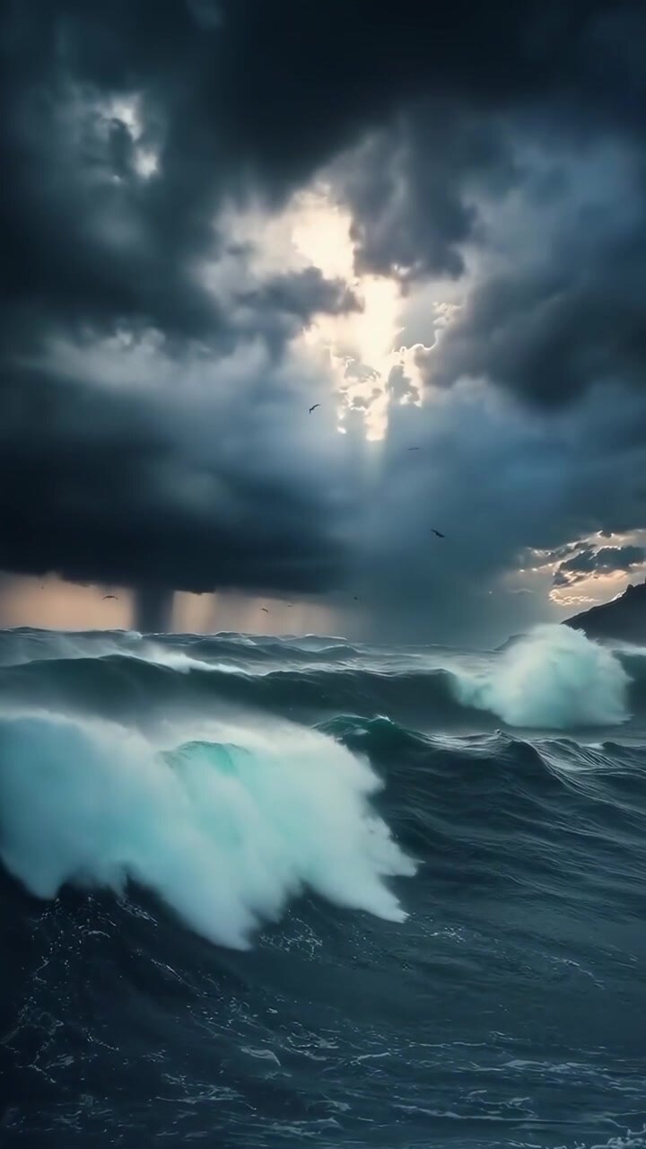 Vagues orageuses de l'océan se brisant sous des nuages sombres et menaçants