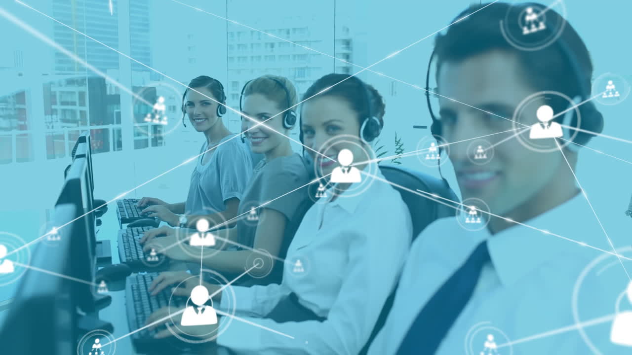Animation of network of profiles against diverse colleagues wearing phone headsets smiling at office