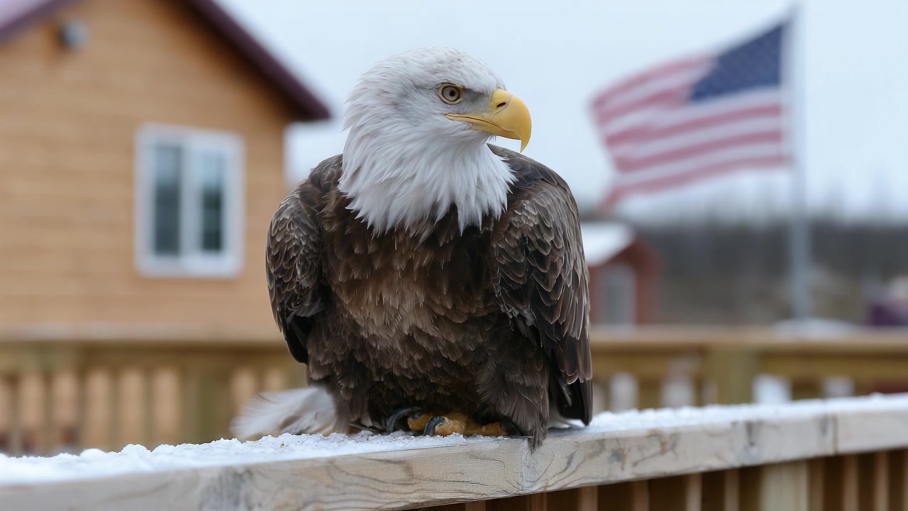 Una maestosa aquila calva appollaiata su una ringhiera di legno, che mostra le sue impressionanti caratteristiche su uno sfondo leggermente sfocato con una bandiera americana in vista