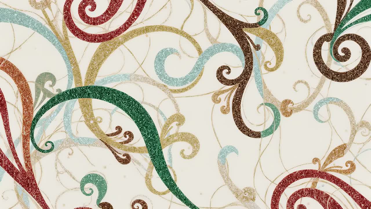 Shifting swirl motif drifting left up in closeup, frames starting drift, red green teal filigree