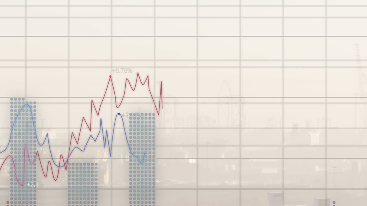 animación del procesamiento de datos estadísticos a través de la red de cuadrícula frente a una vista aérea del paisaje urbano