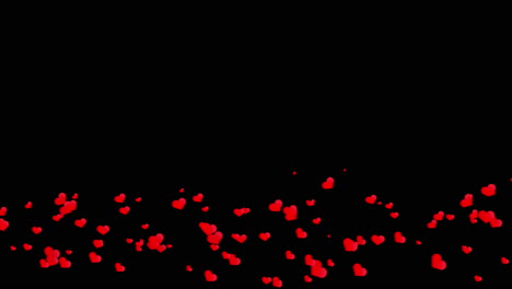 animation of flying red hearts in the wind at the bottom. romantic black background. overlay.