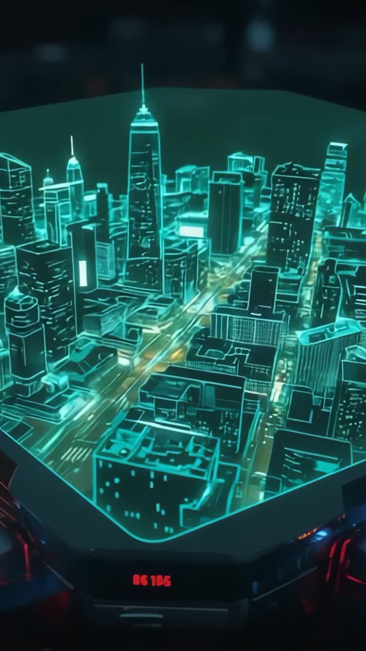 Vertical video: Humming hex console starting city hologram rotating for analysis, display scrolling
