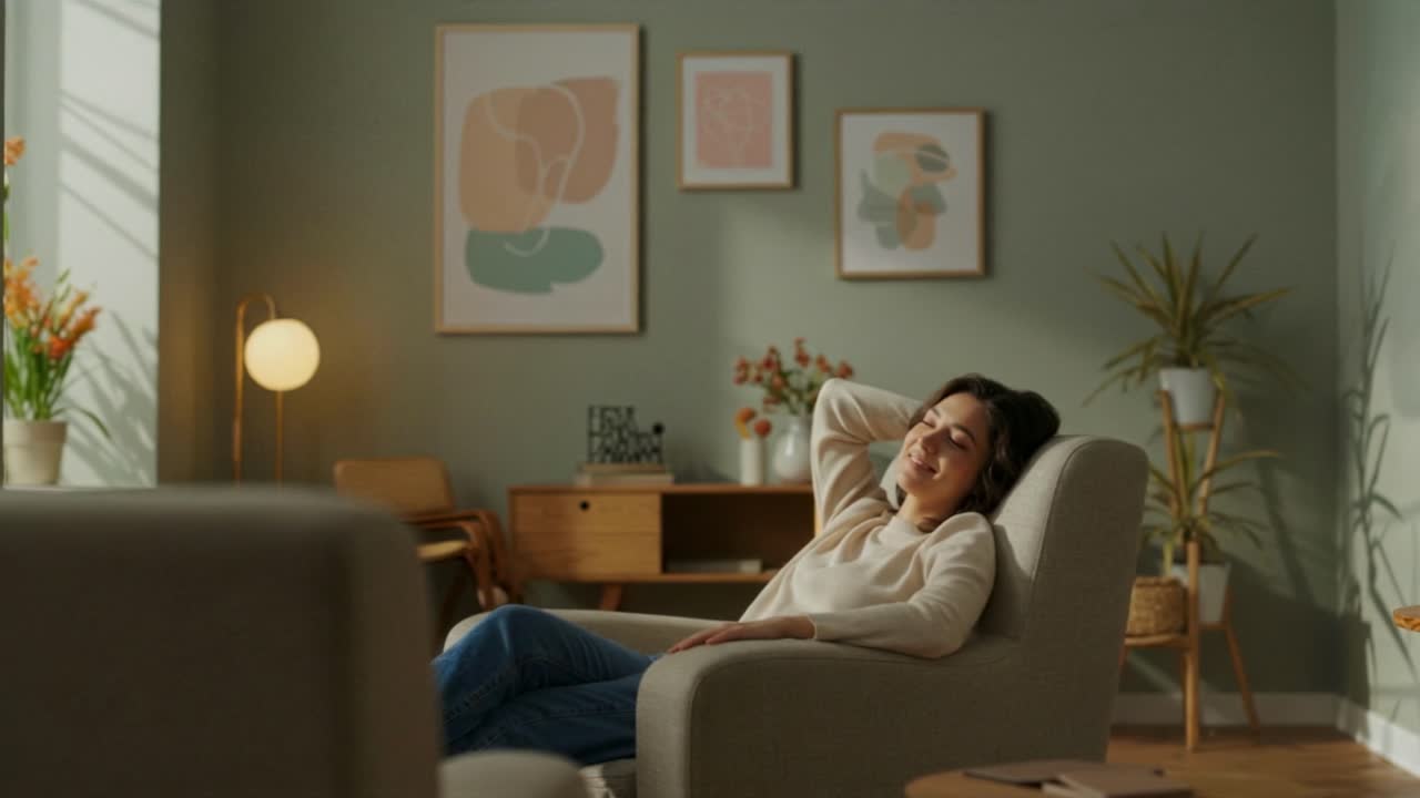 Enjoying peaceful moments in a cozy living room filled with warm natural light and adorned with beautiful decorative plants